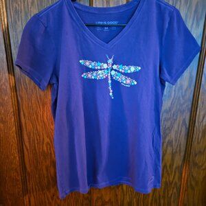Women's Life is Good Dragonfly Flowers SS Purple SS Crusher Vee Sz M